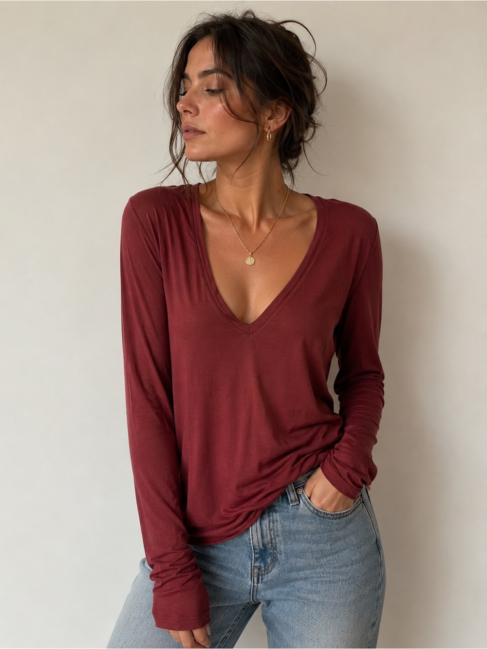 We The Free Deep Orange V-Neck Long Sleeve Top